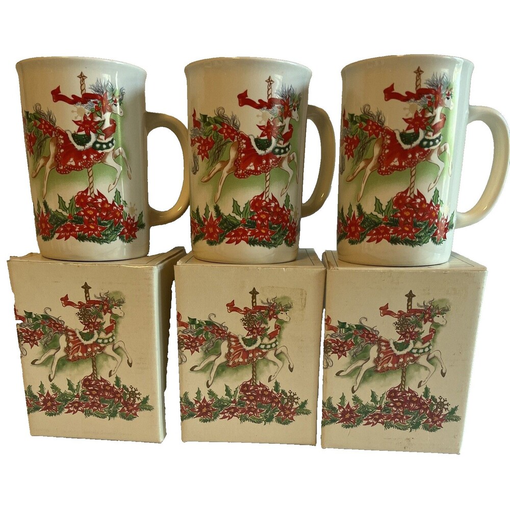 OTAGIRI Christmas Mugs Carousel Tree Horse Advantage Collection Set Of 3 Vintage